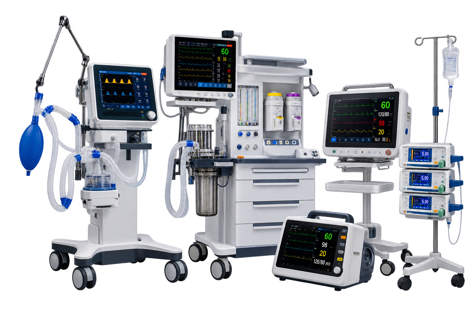 Ventilator, anaesthesia workstation, patient monitors and infusion pumps arranged together